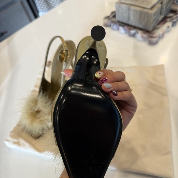 Saint Laurent Tan Heels with Fur Pom - Picture 4 of 6